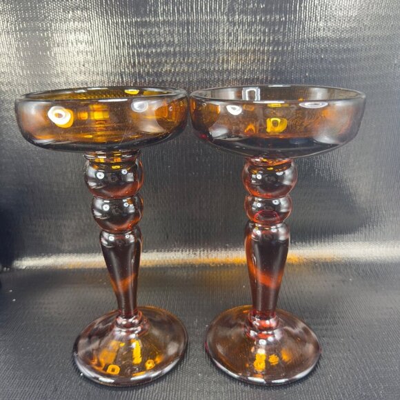 Vintage Mid Century Amber Glass Candle Holders Votive Pillar Heavy Glass Set 2 - Picture 13 of 14